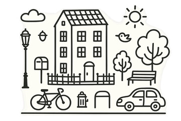 Urban Doodle Icons. Hand-drawn doodle illustration [urban black exterior] [apartment building, windows, door, rooftop, fence, street lamp, bench, tree, car,