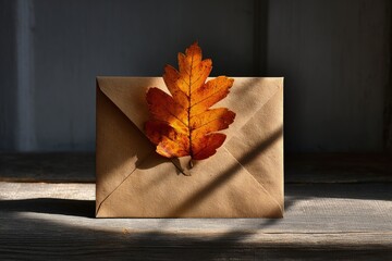 Obraz premium Autumnal Envelope With Orange Leaf