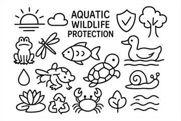 Fototapeta premium Aquatic Wildlife Doodles. Hand-drawn doodle illustration Aquatic wildlife protection [fish, turtle, frog, duck, dragonfly, crab, snail, water lily, droplet,