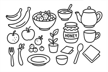 Fruit Salad Doodle. Hand-drawn doodle illustration Bowl Fruit salad, Spoon, Fork, Plate, Banana, Apple, Orange, Berries, Yogurt, Honey, Jar, Cup, Napkin,