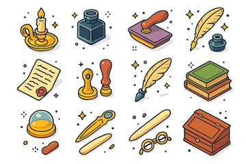 Victorian Desk Icons. Colorful isometric vector icons set of Victorian study desk: candle holder, ink bottle, blotter pad, handwritten letter, sealing wax,