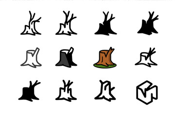 Barren Tree Logo Set. Set Logo of Barren Tree: Broken Tree Stump. Logo set in vector style, emblematic variations. line, bold thick line, solid black filled,