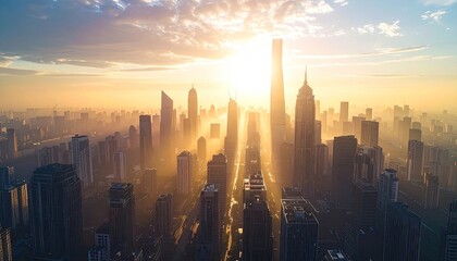 Cityscape at Golden Hour with Sun Rays Shining Through Buildings Aerial View of Urban Landscape in Warm Light and Silhouetted Structures Against Bright Sky