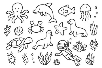Marine Life Doodle. Hand-drawn doodle illustration [Marine animals study] [octopus, dolphin, fish, crab, seahorse, jellyfish, turtle, starfish, seal, seaweed,