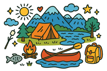 Mountain Lake Camping Fun. Camping by mountain lakes. Colorful Hand-drawn doodle Children illustration tent, mountain, lake, canoe, campfire, tree, star,