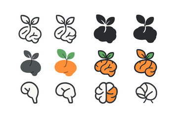 Brain Leaves Logos. Set Logo of Inspirational quotes and motivational ideas: brain sprouting leaves. Logo set in vector style, emblematic variations. line,