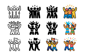 Naklejka premium Festival Joy Icons. Icon Set of Festival joy: concert crowd hug, friends in carnival, parade group cheer. Icons set in vector style, emblematic variations.