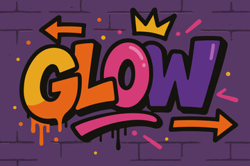 Urban Graffiti Vibes. Urban Glow ? Graffiti Simplified style, bubble tilted letters with drips, bold flat fills, arrows and crown highlights, street vibe.