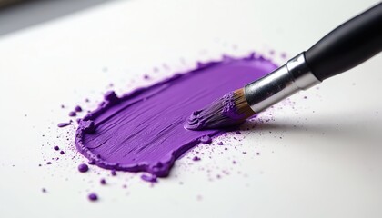 Obraz premium Close-up macro shot of paintbrush loaded with vibrant purple paint. Brush leaves textured stroke on white surface, with scattered paint particles. This image represents art creation, hobby, design.