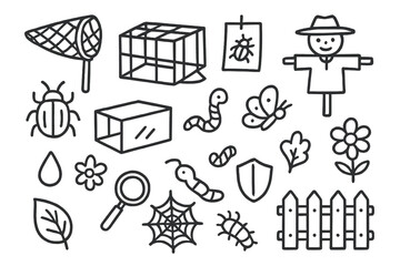 Fototapeta premium Doodle Traps Collection. Hand-drawn doodle illustration traps and barriers net, cage trap, sticky card, scarecrow, fence, leaf, beetle, worm, caterpillar,