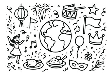 Global Celebration Symbols. Hand-drawn doodle illustration Global celebrations globe, lantern, drum, flag, fireworks, star, crown, balloon, ribbon, dancer,