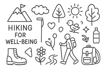 Hiking Doodle Art. Hand-drawn doodle illustration hiking for well-being mountain, boot, walking stick, tree, sun, cloud, star, backpack, water bottle, flower,