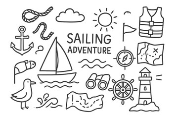 Sailing Adventure Doodles. Hand-drawn doodle illustration Sailing adventure [sailboat, anchor, rope, waves, compass, life jacket, wind flag, sun, map, seagull,