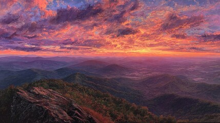 Colorful Sunset Over Mountainous Landscape With City View