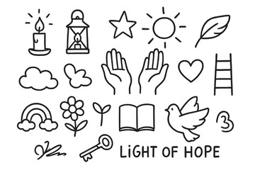 Symbols of Hope. Hand-drawn doodle illustration light of hope candle, lantern, star, sun, open hands, heart, feather, cloud, rainbow, flower, sprout, book,