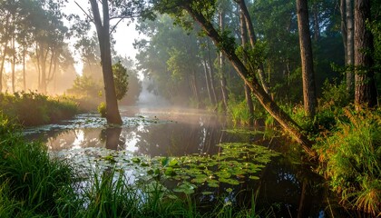 Misty forest stream at dawn