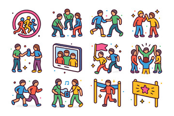 Fototapeta premium Group Running Icons. Colorful isometric vector icons set of group running and community: running club logo, group warm-up, synchronized stride, high five,