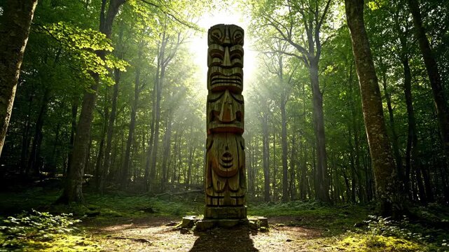 Ancient carved totem pole bathed in sunlight within a mystical green forest.