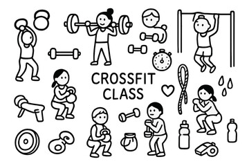 Crossfit Doodle Icons. Hand-drawn doodle illustration group crossfit class people icons, kettlebell, barbell, dumbbell, stopwatch, rope, pull-up bar, push-up