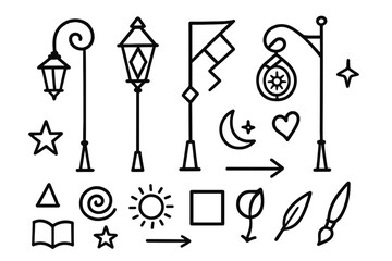Artistic Lamp Post Designs. Hand-drawn doodle illustration Artistic lamp post designs [lamp post with swirl, geometric lamp, abstract shapes, star, spiral,