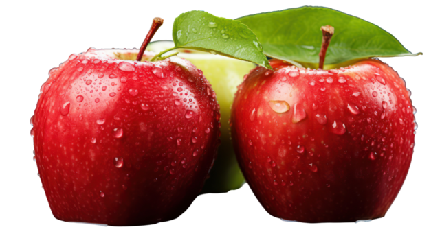 Two red apples with water droplets and a green apple behind isolated on transparent background - Powered by Adobe