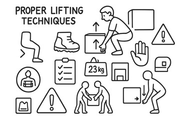 Proper Lifting Techniques. Hand-drawn doodle illustration [Proper lifting techniques] [person squatting, knees bent icon, straight back, lifting arrows, shoe