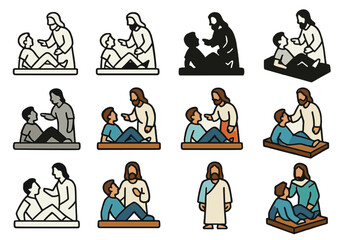 Miracles Logo Collection. Set Logo of Jesus' Miracles: Healing the paralyzed man. Logo set in vector style, emblematic variations. line, bold thick line, solid
