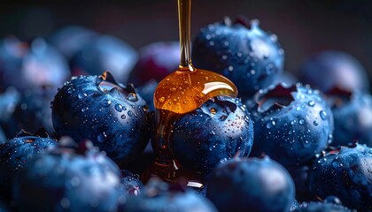 Honey dripping onto fresh blueberries