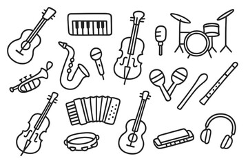 Obraz premium Musical Instruments Doodle. Hand-drawn doodle illustration music instruments guitar, piano, violin, drum set, trumpet, saxophone, microphone, flute,