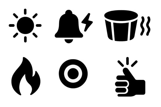 Bongo Sound Icons. Solid, filled icon set of bongo sound features: bright tone, sharp attack, resonant, warm, sustained, crisp, punchy, snappy. Solid, filled