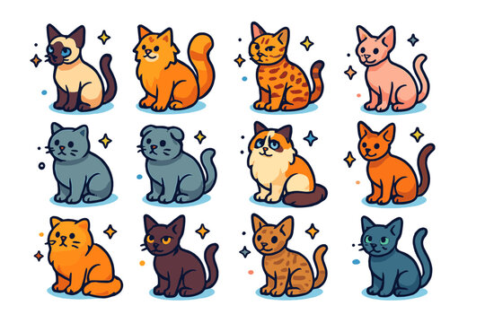 Isometric Cat Breed Icons. Colorful isometric vector icons set of cat breeds: siamese, maine coon, bengal, sphynx, british shorthair, scottish fold, ragdoll,