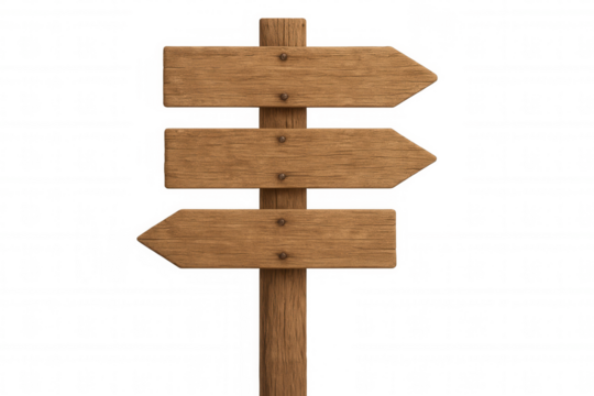 Wooden signpost with blank directional arrows pointing right, offering choice and path decisions on transparent background