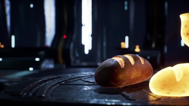 Conceptual look at the future of food with a 3D printer creating glowing sushi rolls