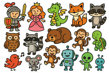 Fototapeta premium Whimsical Adventure Characters. Colorful Hand-drawn doodle Children illustration Book characters smiling knight, brave princess, tiny dragon, clever fox, wise