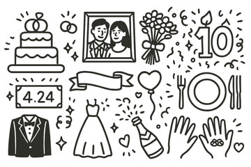 Fototapeta premium Anniversary Celebration Icons. Hand-drawn doodle illustration Wedding anniversary cake, wedding rings, couple?s photo, bouquet, number candle,