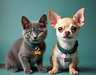 Playful Chihuahua puppy, British Blue kitten wear smart collars with GPS tags. Cute, fluffy domestic pets with furry details look forward. Companionship, technology, lifestyle themes blend. Canino,