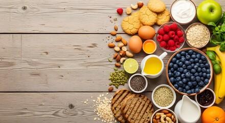 Healthy snacks assortment of healthy food ingredients including fruits, berries, nuts, eggs, bread, and dairy products arranged on a wooden table, top view