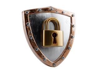 Security shield with padlock on white background, modern and protective.