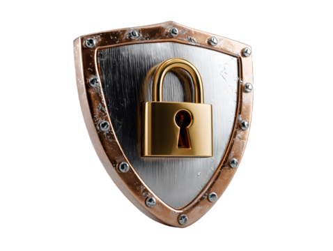 Security shield with padlock on white background, modern and protective.