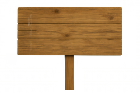 Blank wooden sign with planks and post presenting empty space for text, message, or information