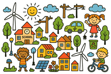 Eco-Friendly Doodle Town. Colorful Hand-drawn doodle Children illustration [Wind-powered town] [wind turbines, small houses, electric pole, solar panels,