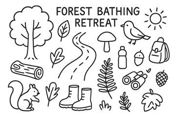 Forest Retreat Doodle. Hand-drawn doodle illustration [Forest bathing retreat] [tree, leaf, walking path, bird, mushroom, sun, backpack, water bottle, log,