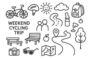 Weekend Cycling Adventure. Hand-drawn doodle illustration Weekend cycling trip child bike, helmet, backpack, family icon, bike trail, sun, clouds, water