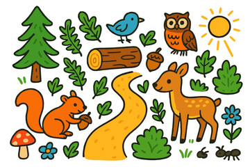Obraz premium Forest Adventure Doodles. Colorful Hand-drawn doodle Children illustration Forest Walk path, pine tree, squirrel, mushroom, fern, log, bird, acorn, owl,