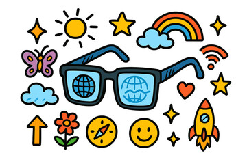 Fototapeta premium Holographic Doodle World. Colorful Hand-drawn doodle Children illustration Glasses with Hologram Display glasses, holographic globe, wifi, compass, arrow, sun,