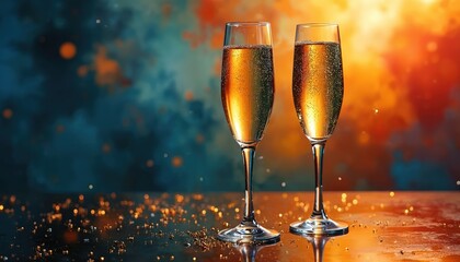 Two sparkling champagne glasses filled with bubbly beverage against vibrant colorful abstract background with floating bubbles. Festive evening atmosphere suggests celebration, luxury, romance.