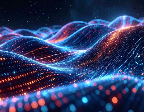 Abstract digital waves of glowing binary code