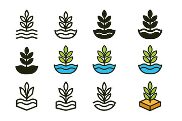 Flood-Resistant Rice Logos. Set Logo of Climate-resistant crops: Flood-resistant rice plant. Logo set in vector style, emblematic variations. line, bold thick