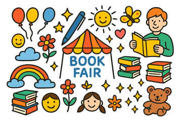 Obraz premium Whimsical Book Fair. Colorful Hand-drawn doodle Children illustration Book Fair tent, stacks of books, author, pen, balloons, rainbow, flower, butterfly, sun,