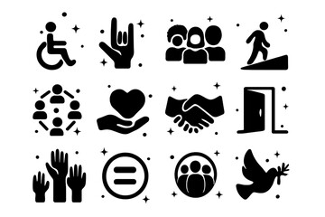 Inclusive Iconography. Inclusion. Solid icons set of wheelchair symbol, sign language hand, diverse people, accessible ramp, inclusive circle, support heart,